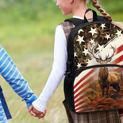 Talayituse Deer American Flag Print Kids School Backpack with Laptop Compartment Casual Travel Daypack Rucksack for Girls Boys, Lightweight 17 Inch Schoolbag Knapsack Shoulder Bag for Outdoors Travel - color: Deer American Flag