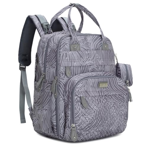 BabbleRoo Diaper Bag Backpack - Baby Essentials Travel Tote - Multi Function Water Resistant Diaper Bag, Travel Essentials Baby Bag with Changing Pad, Stroller Straps & Pacifier Case - Grey Swirls - color: Gray Swirls, size: Large