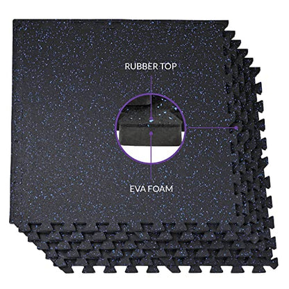 Xspec 1/2" Thick 48 sq ft (12 Tiles) Interlocking Rubber Top EVA Foam Exercise Mat | Home Gym Mats Workout Flooring Tiles for Gyms, Fitness Rooms | Durable Grip Protective Flooring, Black/Blue
