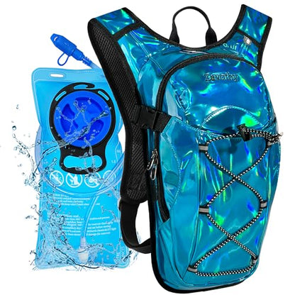 Reflective Hydration Backpack, Hydration Pack - Water Backpack with 2L Hydration Bladder, Essential for Festivals - Rave Hydration Pack for Hiking, Running, Cycling, and Festivals - color: Light Blue