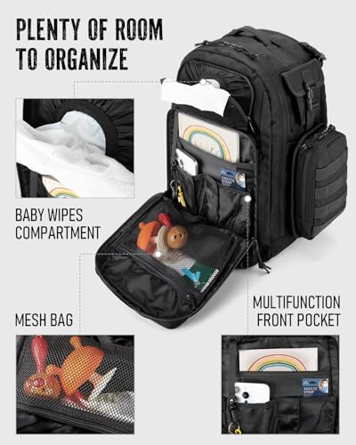 Dinictis Dad Diaper Bag, Mens Diaper Bag Backpack with Diaper Changing Mat, Military Diaper Backpack with Molle Webbing, Waterproof Pouch, Baby Wipes pocket, Insulated Bottle Pockets- Tropical Black - color: Tropical Black