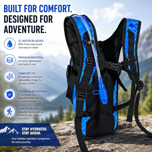 Reflective Hydration Backpack, Hydration Pack - Water Backpack with 2L Hydration Bladder, Essential for Festivals - Rave Hydration Pack for Hiking, Running, Cycling, and Festivals - color: Dark Blue
