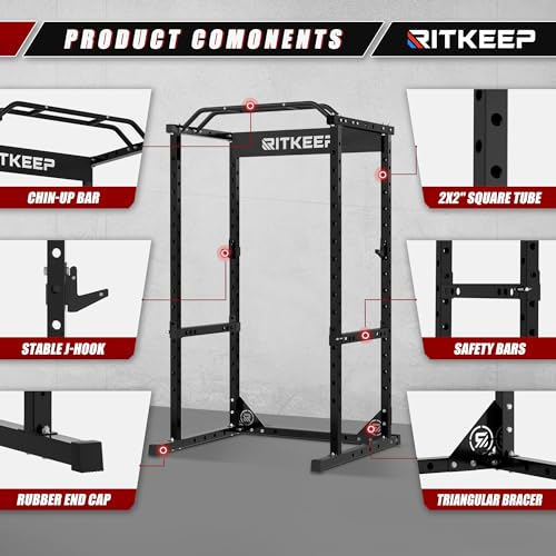 RitKeep RMAX 2250 Power Rack, 1200 lb Capacity Multi-Function Squat Rack and Weight Cage for Strength Training with Pull-Up Bar, Safety Bars, J-Hooks for Home Gym and Garage Gym - color: Black