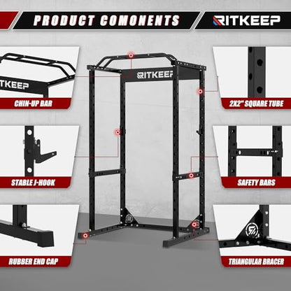RitKeep RMAX 2250 Power Rack, 1200 lb Capacity Multi-Function Squat Rack and Weight Cage for Strength Training with Pull-Up Bar, Safety Bars, J-Hooks for Home Gym and Garage Gym - color: Black