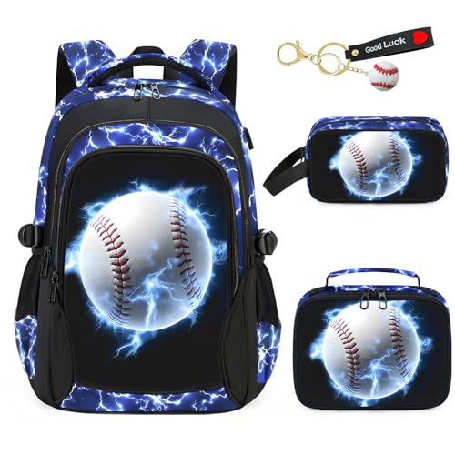 School Backpack for Boys - 4pcs Baseball Boys Backpack with Lunch Box Set for Kids Teens Elementary Middle School, 18" Large Capacity Waterproof Bookbag with Usb Charging Port, Daypack for age 6-18 - color: Baseball-backpack Set