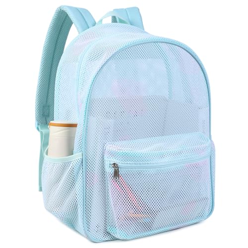 COVAX Mesh Backpack for School Heavy Duty See Through Net Bookbag Girls Boys Semi-Transparent Net Back Pack for Beach, Swimming, Sports, Work, Travel (Light Blue) - color: Light Blue