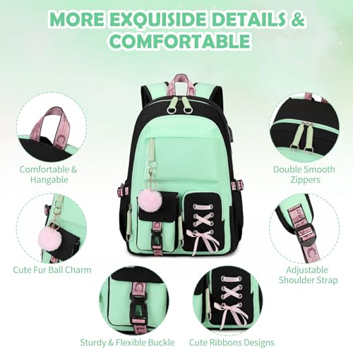 ACESAK Backpacks for Girls, Girls Backpack with Lunch Box and Pencil Case for Teen Kids Elementary Middle High School College Student, Children Backpack Bookbag with USB Charging Port (Black Green) - color: Black & Green