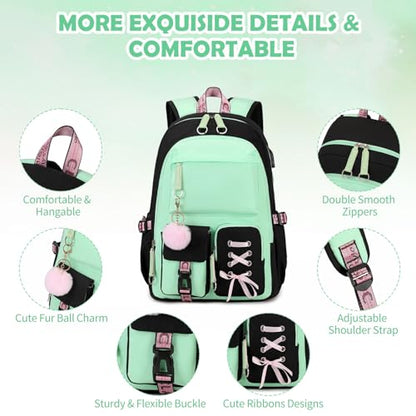 ACESAK Backpacks for Girls, Girls Backpack with Lunch Box and Pencil Case for Teen Kids Elementary Middle High School College Student, Children Backpack Bookbag with USB Charging Port (Black Green) - color: Black & Green