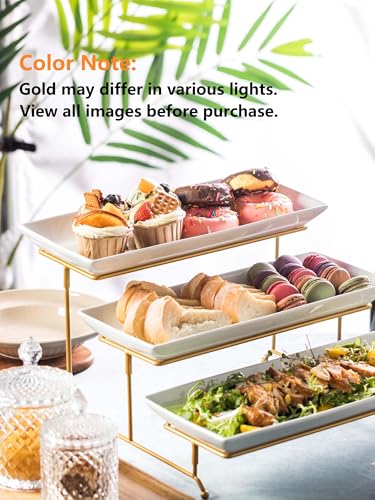 LYEOBOH 3 Tier Serving Stand and Platters Set Large Tiered Serving Platters with Collapsible Sturdier Rack 14 Inches Tiered Serving Tray for Appetizer Fruit, Dessert and Cupcake, White - color: Gold, style: 14inch Rectangle platter