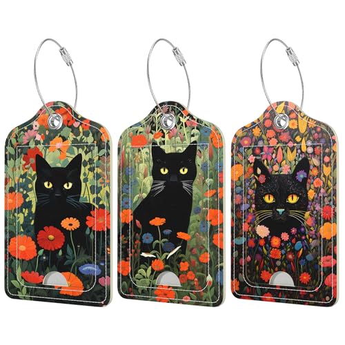 Rimilak 3 Pcs PU Leather Luggage Tags for Suitcase, Travel Cruise Luggage Tag with Privacy Flap, Name ID Label and Metal Loop for Women Men Baggage Handbag School Bag Backpack, Black Cat - color: Black Cat