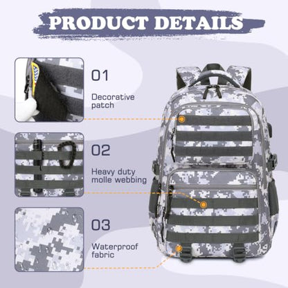 Camo Backpack for Boys, Tactical Boys Backpack with Lunch Box Pencil Case, Kids Backpacks with USB Charging Port, Military Army School Bookbag for Teen Boy Elementary Middle High School Camp - color: Grey