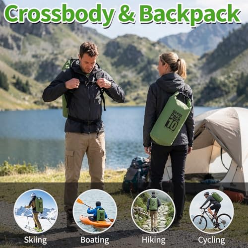 Waterproof Backpack 10L, Roll Top Water Proof Dry Bag Army Green, Floating Dry Bag for Kayaking Camping Boating, Lightweight Hiking Backpack with 7" Black IPX8 Waterproof Phone Case - color: Army green dry bag 10L + Phone pouch 7"