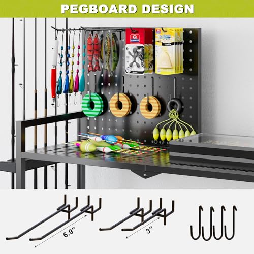 Fishing Rod Holders for Garage, 12-Slot Rolling Pegboard Cart, BLK - color: Black