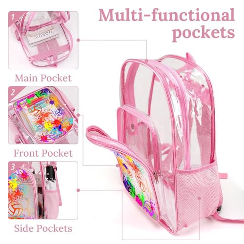 Volleyball Clear Backpack Heavy Duty for Girls Kids Boys Women | Large Cool PVC Volleyball Theme Printing Transparent Backpacks for Schools Stadium Concerts Work - Clear/Pink - color: Volleyball Clear Backpack 1 Pink With Front Pocket