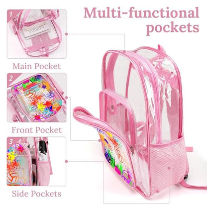 Volleyball Clear Backpack Heavy Duty for Girls Kids Boys Women | Large Cool PVC Volleyball Theme Printing Transparent Backpacks for Schools Stadium Concerts Work - Clear/Pink - color: Volleyball Clear Backpack 1 Pink With Front Pocket