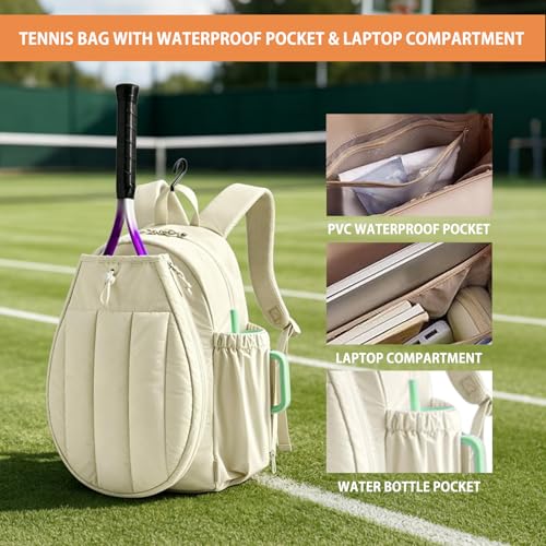 BeGyoku Tennis Backpack,Tennis Bag with Shoe Compartment&Waterproof Pocket&Fence Hook,Tennis Racket Bag Holds 2 Rackets,Large Tennis Bags for Women Men,Gym Sports Bag for Teennis Pickleball Badminton - color: Beige
