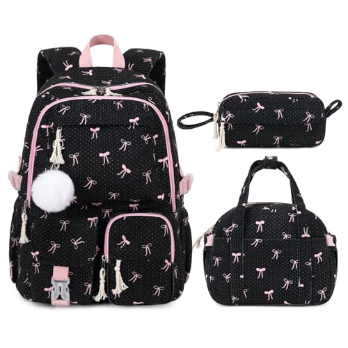Backpack for Girls, 3PCS Corduroy Girls Schoolbag Set with Lunch Bag & Pencil Pouch, Lightweight Teen Girl Backpacks for Elementary Middle High School Bookbag Laptop Bag Travel Daypack - color: Black Bow