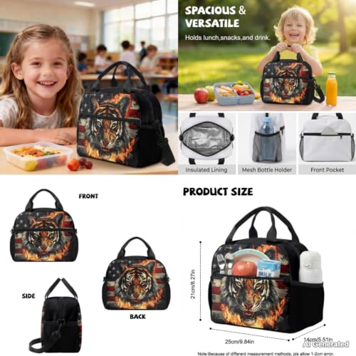 American Flag Tiger Backpack Set for Boys School Backpack with Lunch Bag Water Bottle Carrier Pencil Case 4PCS Set Kids Bookbag for Kindergarten Primary Elementary School Bags with Handle - color: American Flag Tiger