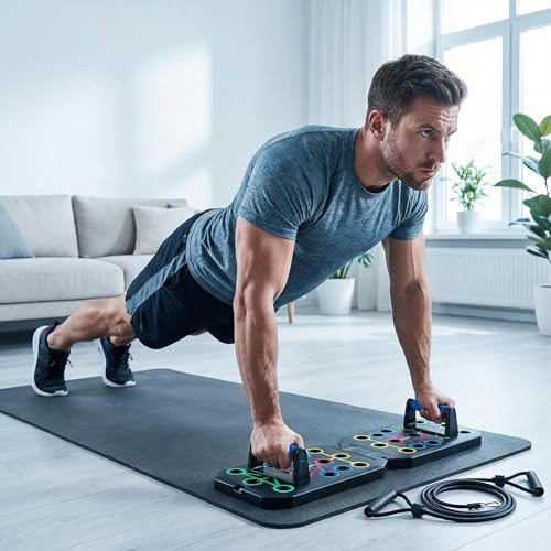 Push Up Board Fitness, BESUNTEK Foldable Multi-Function Exercise Board with Elastic Cord for Total Body Workouts, Portable Push Up Board for Floor
