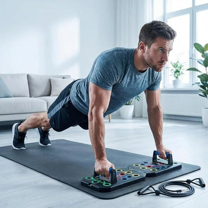 Push Up Board Fitness, BESUNTEK Foldable Multi-Function Exercise Board with Elastic Cord for Total Body Workouts, Portable Push Up Board for Floor