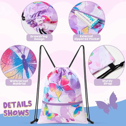 WAWASAM Kids Drawstring Backpack, Gym Swim Bag Cinch Bag for Girls Boys with Zipper Pocket - color: Butterfly