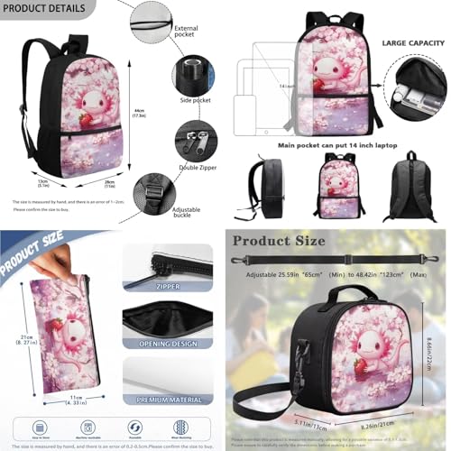 Cute Axolotl Backpack for Girls Kids School Bookbag Satchel with Insulated Lunch Box and Pencil Case Set 3 PCS Teen Middle School Backpacks - color: Axolotl Strawberry