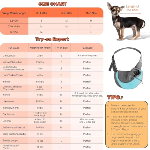 YUDODO Pet Sling Carrier for 5-9 lbs Small Dogs & Cats – Hands-Free Puppy Carrier with Safety Hook, Large Zipper Pocket, Soft Breathable Mesh, Adjustable Strap & Reflective Strip (Cyan 1.0 M) - color: Cyan 1.0 Basic (Zipper Pocket), size: Medium (4.5-9lbs