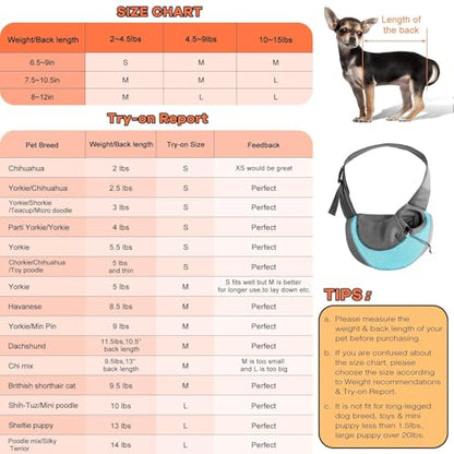 YUDODO Pet Sling Carrier for 5-9 lbs Small Dogs & Cats – Hands-Free Puppy Carrier with Safety Hook, Large Zipper Pocket, Soft Breathable Mesh, Adjustable Strap & Reflective Strip (Cyan 1.0 M) - color: Cyan 1.0 Basic (Zipper Pocket), size: Medium (4.5-9lbs