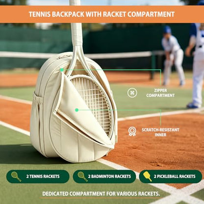 BeGyoku Tennis Backpack,Tennis Bag with Shoe Compartment&Waterproof Pocket&Fence Hook,Tennis Racket Bag Holds 2 Rackets,Large Tennis Bags for Women Men,Gym Sports Bag for Teennis Pickleball Badminton - color: Beige