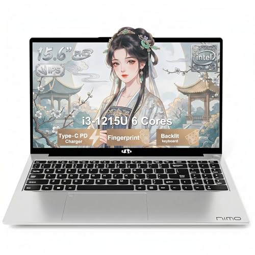 NIMO Laptop 15.6", Intel Core i3-1215U (Beats i5-1135G7 Class), 16GB RAM, 256GB SSD, Windows 11 Home, Wi-Fi 6, Backlit Keyboard, Fingerprint, USB-C 65W Fast Charge, Bluetooth 5.2, 180° View FHD IPS - color: Silver, style: 16GB RAM | 256GB SSD