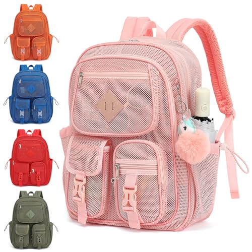 Mesh Backpack for Girls Boys, Heavy Duty Semi-Transparent Mesh Bookbag Womens Mens Mesh Backpacks for School, Sports, Beach, Swimming, Travel - Light Pink - color: Light Pink