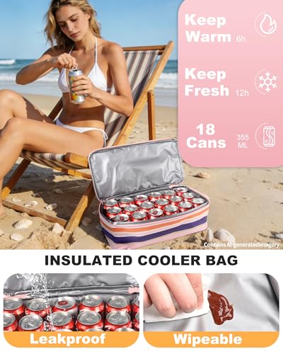 CaCTOUR Beach Bag with Cooler Compartment,Mesh Beach Bag Dry Wet Detachable with Zipper Pockets,Waterproof Sandproof Pool Bag - color: Stripe Pink