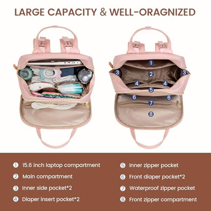 LOVEVOOK Diaper Bag Backpack, Baby Bag with Changing Pad, Large Diaper Backpack Boy Girl, Waterproof Baby Registry Bag for Mom Dad with Stroller Buckles, Pink-beige-brown - color: Pink-beige-brown
