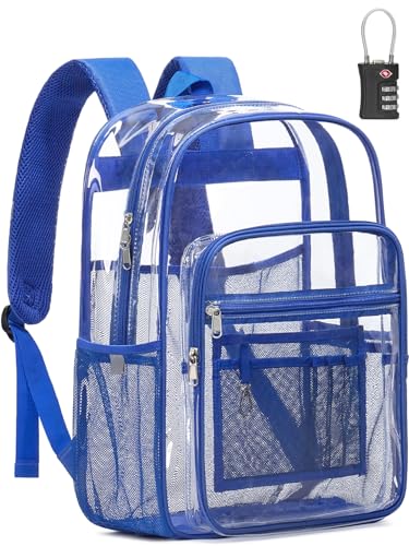 Clear Backpack Heavy Duty With A TSA Lock, 18 Inch Large Clear Back pack, Transparent See Through Bookbag for College, Work, Travel, Sport- Blue - color: Blue