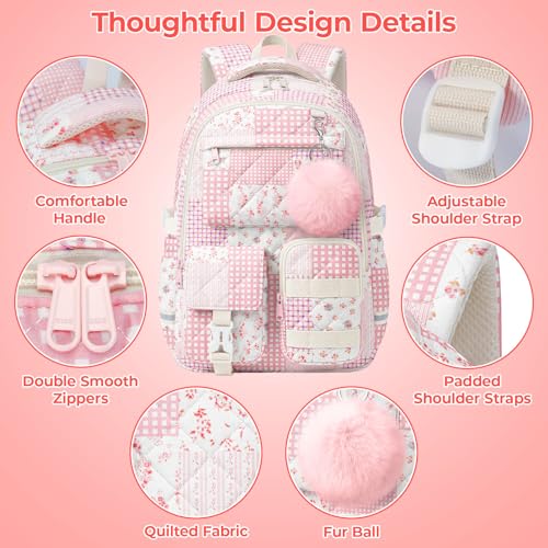 Quilted Backpack for Teen Girls,Cute Pink Patchwork School Backpack with Multi-Pocket Design,Lightweight Cotton Bookbag Fits 15.6" Laptop,Large Capacity Aesthetic Backpack with Plush Charm - color: Pink Patchwork
