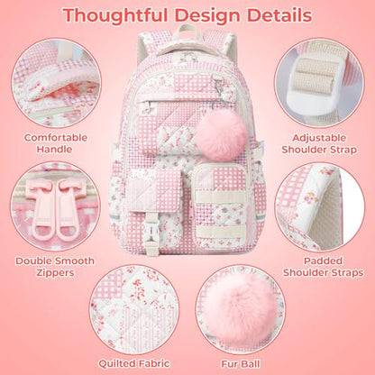Quilted Backpack for Teen Girls,Cute Pink Patchwork School Backpack with Multi-Pocket Design,Lightweight Cotton Bookbag Fits 15.6" Laptop,Large Capacity Aesthetic Backpack with Plush Charm - color: Pink Patchwork