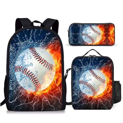 3PCS Baseball Backpacks for Boys Girls Teens, School Backpack with Lunch Box Pencil Case for Elementary Middle High Students, 17 Inch Lightweight Bookpack 3 in 1 Set Back to Shool Supplies for Kids - color: Water Fire Baseball S01