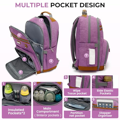 Diaper Bag Backpack, Large Baby Nappy Bags with Portable Changing Pad for Boys and GirlsMultifunction Travel Baby Bag for Moms Dads, Shower Gifts Waterproof and Stylish，Purple - color: Purple 1