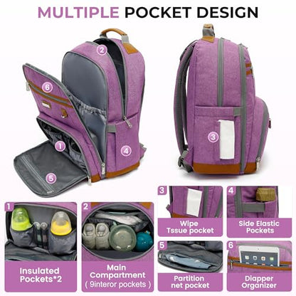 Diaper Bag Backpack, Large Baby Nappy Bags with Portable Changing Pad for Boys and GirlsMultifunction Travel Baby Bag for Moms Dads, Shower Gifts Waterproof and Stylish，Purple - color: Purple 1