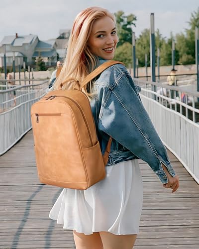 MASINTOR 15.6 inch Leather Laptop Backpack Purse for Women, Designer Travel and Work Bag with Laptop Compartment Retro Camel - color: Retro Camel