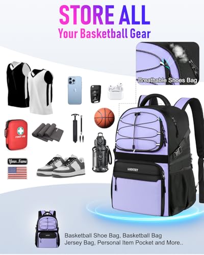 LOINTET Basketball Bag Backpack with Ball Holder Shoes Compartment, Large Basketball Accessories Sports Bag - color: Light Purple