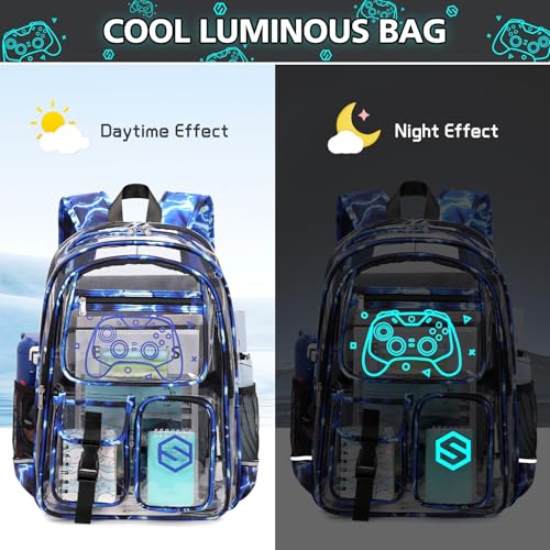 DIGOBAY 3PCS Cool Luminous Clear Backpack for Boys Kids, Gamer Clear Bookbag for School, See Through PVC Transparent Backpacks with Lunch Bag Pencil Case, Backpack Heavy Duty for School Stadium - color: Blue Lightning