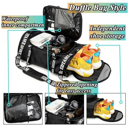 Gym Duffle Bag Backpack with Shoe Compartment,4 ways Travel Backpack for Women and Men,Multi-Functional Weekender bag with Waterproof Layer&Laptop Compartment for Fitness, Travel,Camping - color: Black