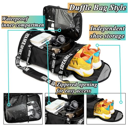 Gym Duffle Bag Backpack with Shoe Compartment,4 ways Travel Backpack for Women and Men,Multi-Functional Weekender bag with Waterproof Layer&Laptop Compartment for Fitness, Travel,Camping - color: Black