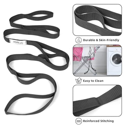 AGREJO Stretching Strap Yoga Strap Physical Therapy for Home Workout, 10 Loops Non-Elastic Stretch Band for Pilates, Flexibility, Exercise and Gymnastics - color: 2-Pack Black/Black
