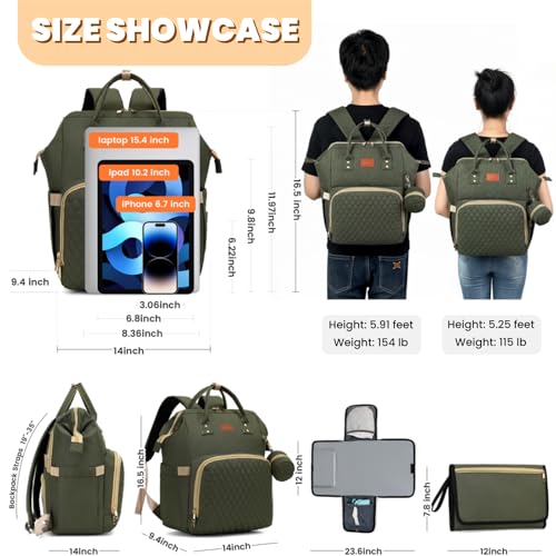 ROSEGIN Diaper Bag Backpack with Changing Pad, Pacifier Case, Baby Bag for Boy Girl Toddler - Large, Stylish, Waterproof Travel Quilted Diaper Bag for Mom - Baby Shower - Army Green - color: Army Green