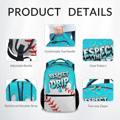 Baseball Drip Backpack for Boys Kids Schoolbag with Pocket - Durable Bookbag for Sport Lovers School Supplies Gifts (17 Inch) - color: Blue