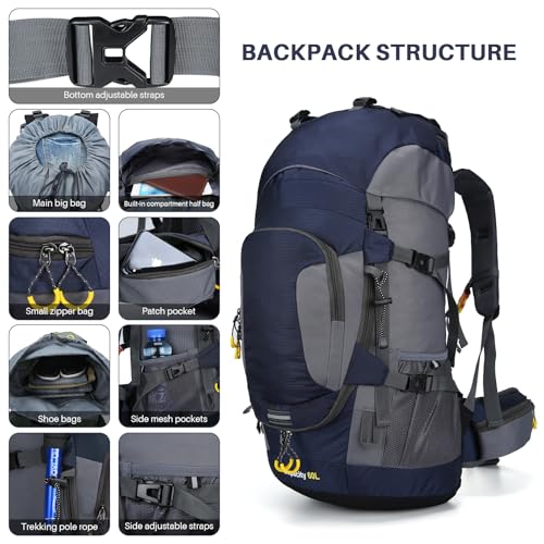 ShowyLive 60L Waterproof Hiking and Camping Backpack for Men - Durable, Lightweight Large Hiking Backpack with Rain Cover, Multi Compartments, and Adjustable Straps, Blue - color: Blue, size: 60L