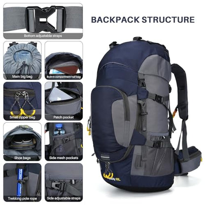 ShowyLive 60L Waterproof Hiking and Camping Backpack for Men - Durable, Lightweight Large Hiking Backpack with Rain Cover, Multi Compartments, and Adjustable Straps, Blue - color: Blue, size: 60L