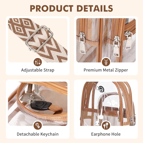 MOONBABY Clear Bag for Stadium Events, Clear Backpack Purse for Women Waterproof TPU Crossbody Fanny Pack | for Stadium Events - color: Leather Brown